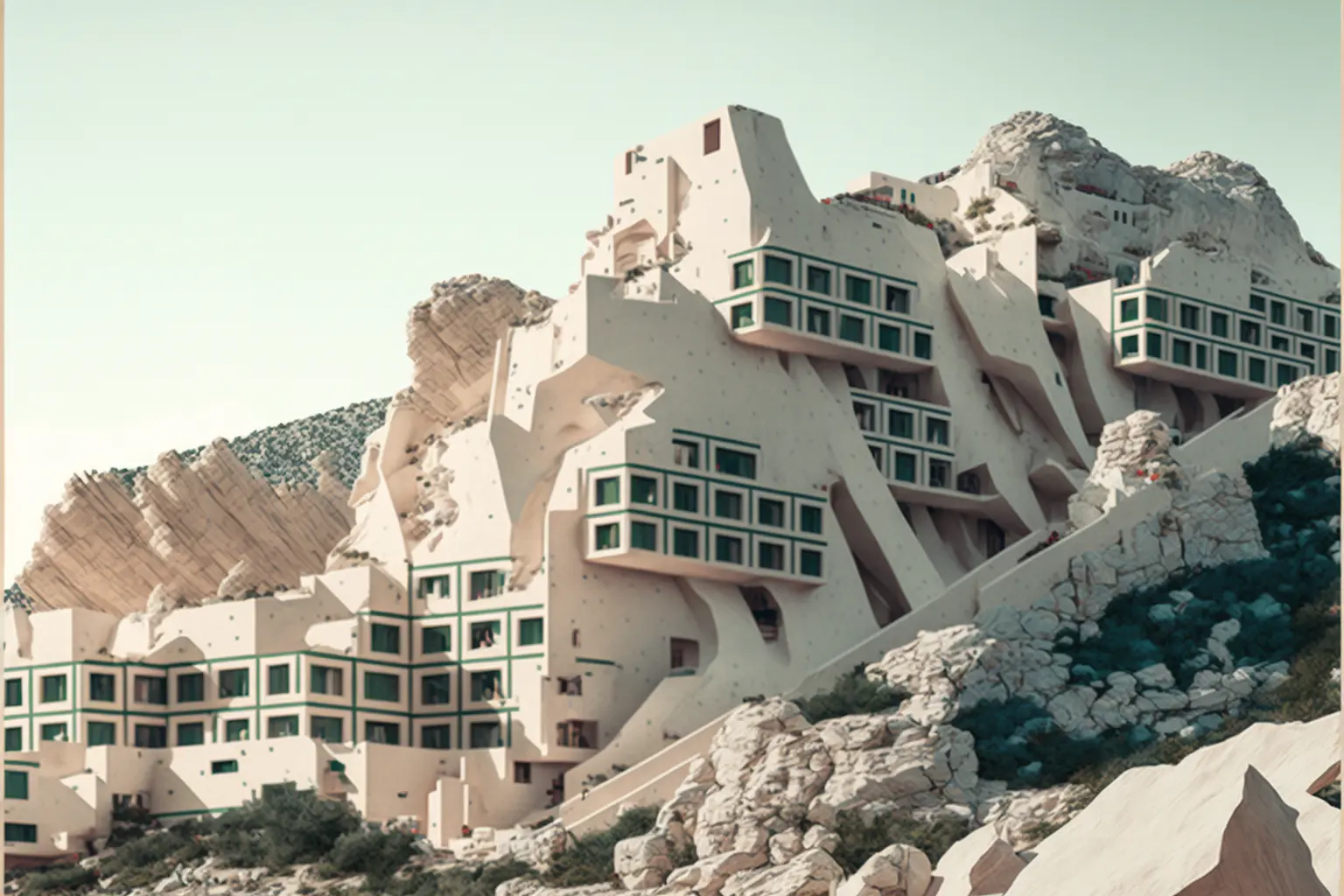 resort, staggered and embedded into the side of a mountain, architectural photography, style of archillect, futurism